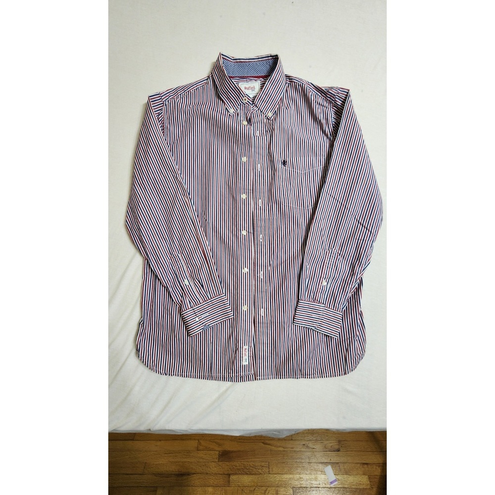 Mens Stafford Prep Striped Red,Whit,Navy Button Down Shirt Size Large 100$ Cotto